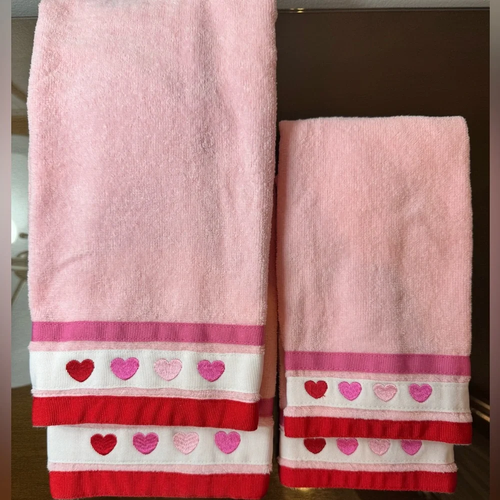 Pink Heart Embroidered Towels